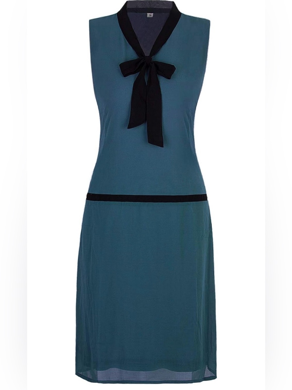 NWT Vijiv Womens 1920s Midi Blue Black Flapper Dress V Neck Bow Roaring 20s